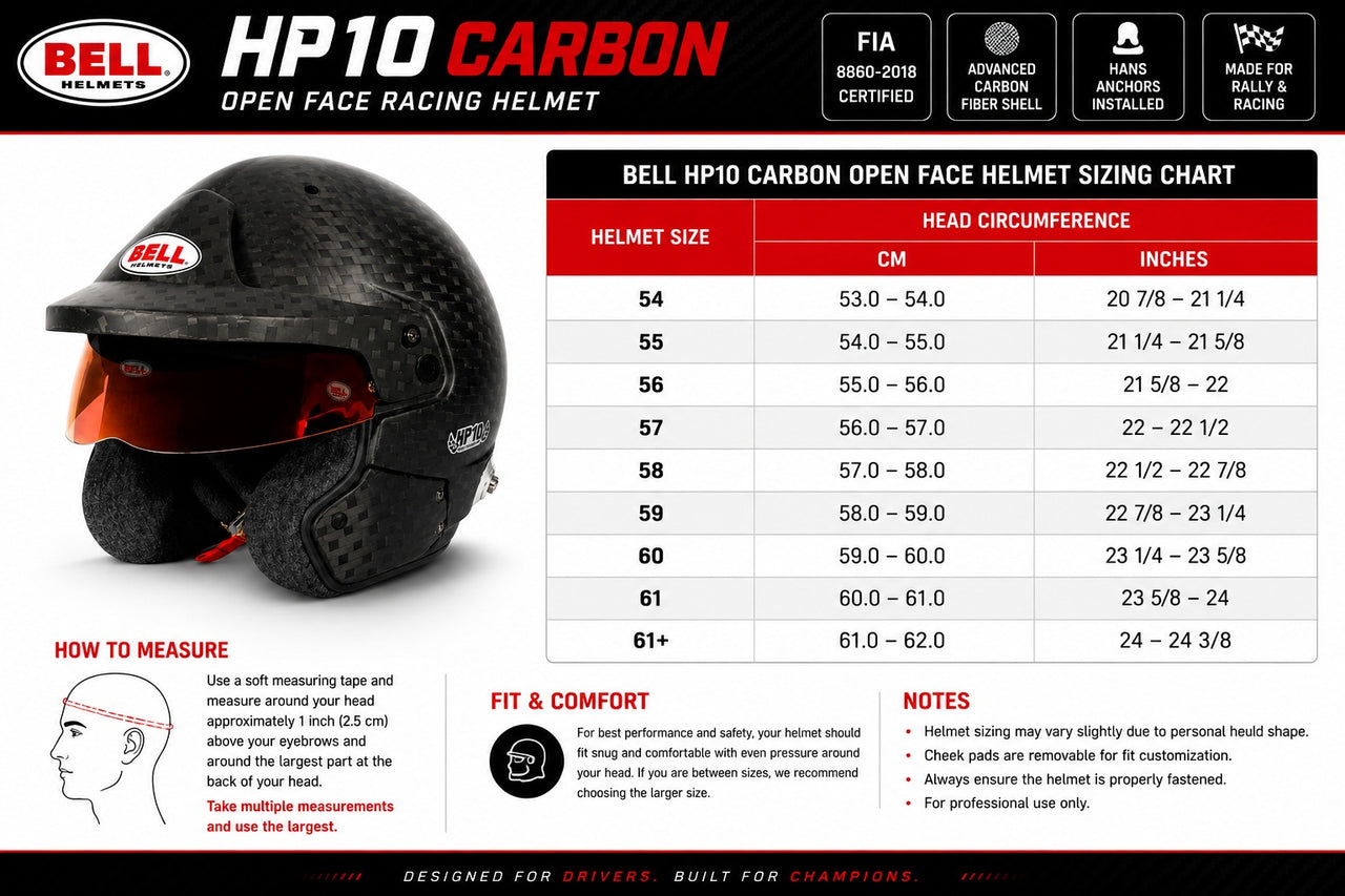Bell HP10 Carbon open-face racing helmet sizing chart with head circumference measurements in centimeters and inches