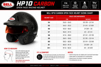 Thumbnail for Bell HP10 Carbon open-face racing helmet sizing chart with head circumference measurements in centimeters and inches