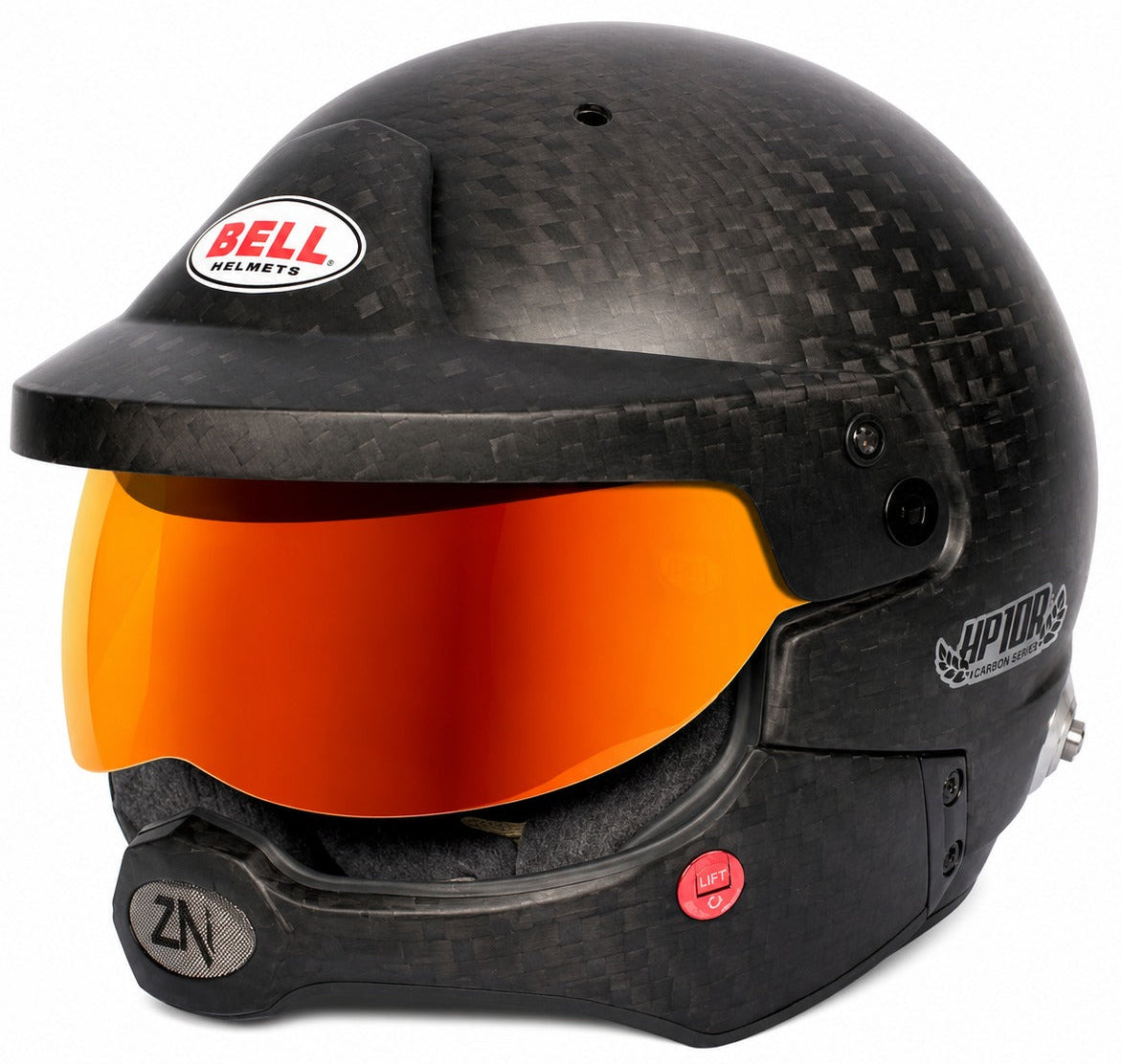 Bell HP10 Rally FIA 8860-2018 carbon fiber rally helmet with orange mirrored sunscreen and removable half chin bar