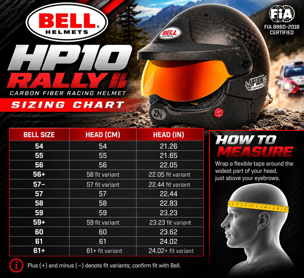 Bell HP10 Rally FIA 8860-2018 carbon fiber helmet sizing chart featuring sizes 54 through 61+, head circumference measurements in centimeters and inches, and helmet measuring instructions.