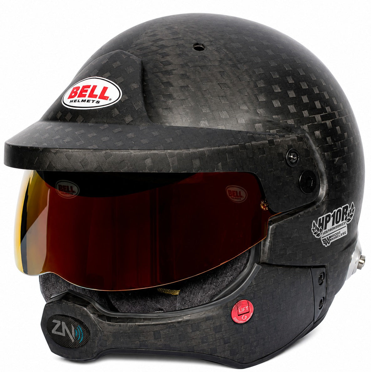 Bell HP10 Rally WW FIA 8860-2018 carbon fiber rally helmet with mirrored sunscreen and integrated ZeroNoise communication system