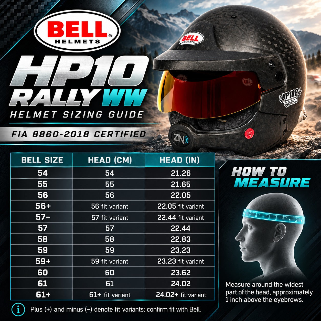Bell HP10 Rally WW FIA 8860-2018 carbon fiber rally helmet sizing chart showing 12 size options from 54 through 61+, head circumference measurements in centimeters and inches, and instructions for measuring head size.