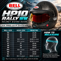 Thumbnail for Bell HP10 Rally WW FIA 8860-2018 carbon fiber rally helmet sizing chart showing 12 size options from 54 through 61+, head circumference measurements in centimeters and inches, and instructions for measuring head size.