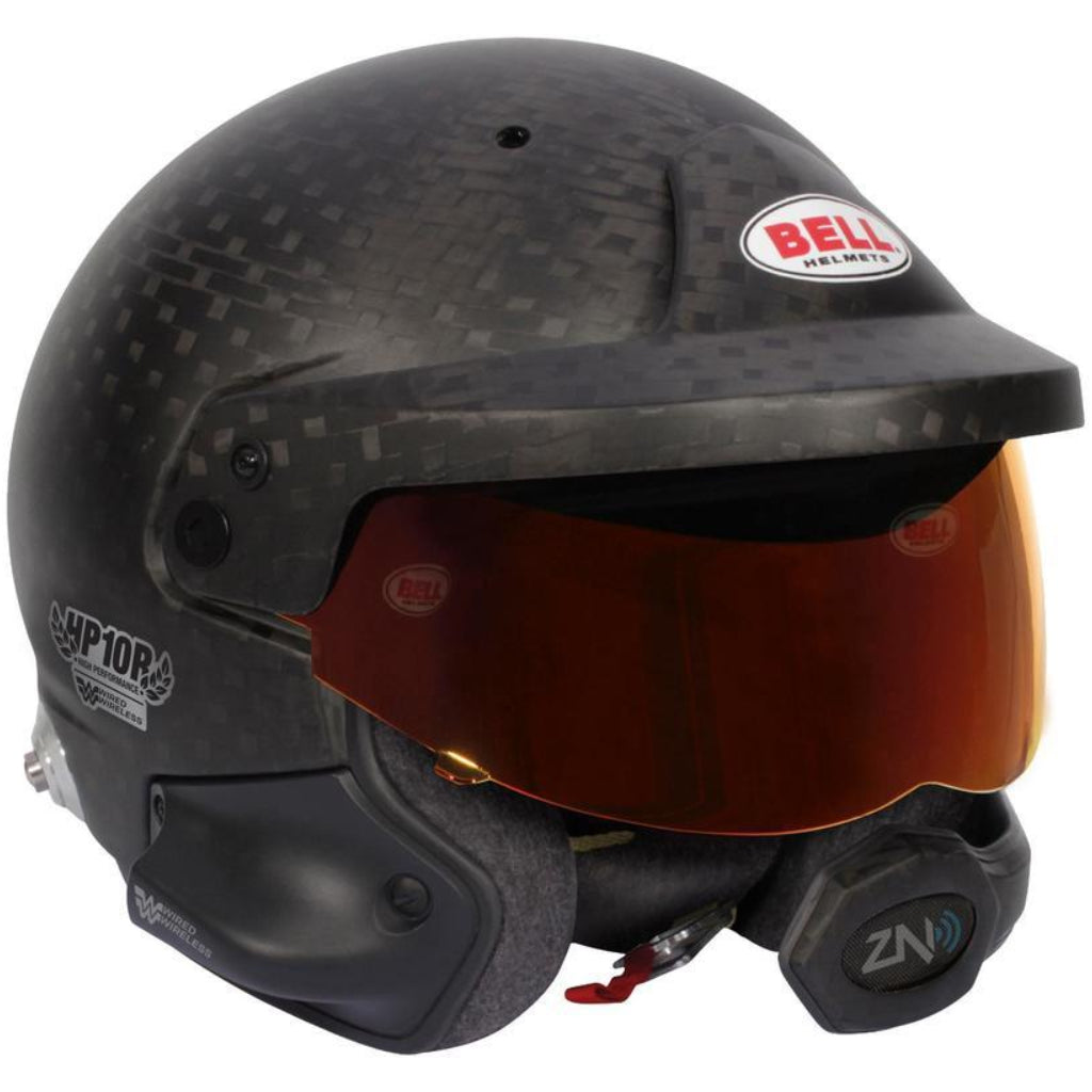 Bell HP10 Rally WW carbon helmet front right angle with visor and integrated microphone image