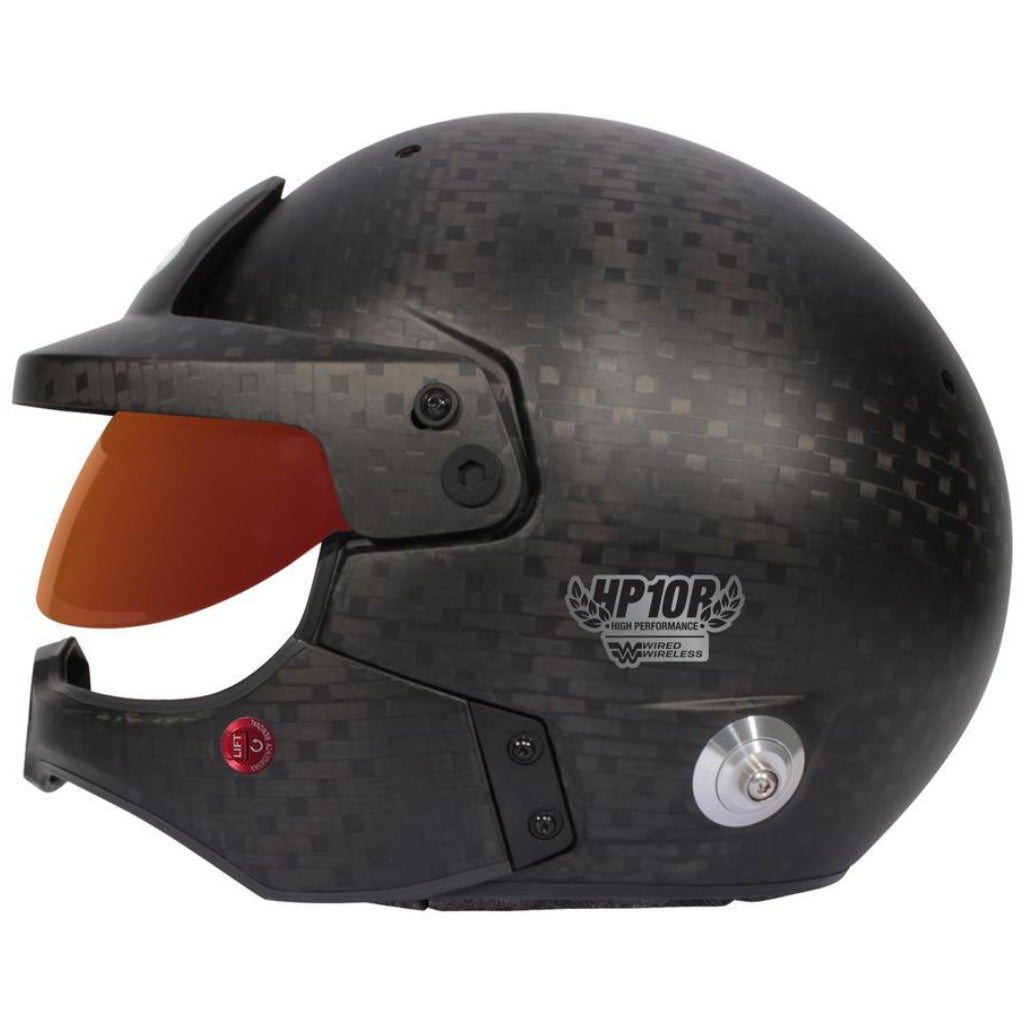 Bell HP10 Rally WW carbon helmet left side profile showing peak and integrated audio image