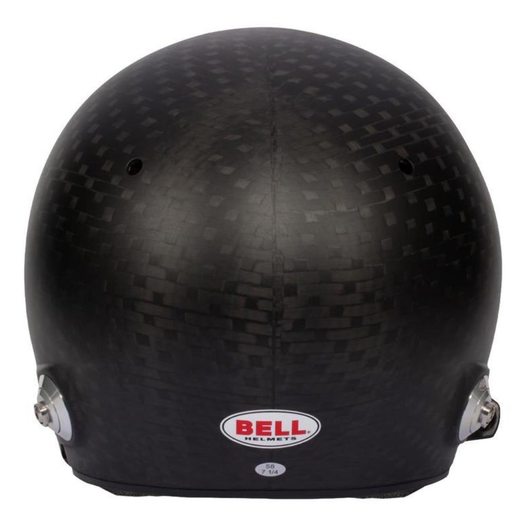 Bell HP10 Rally WW carbon helmet rear view showing carbon weave shell and hardware image