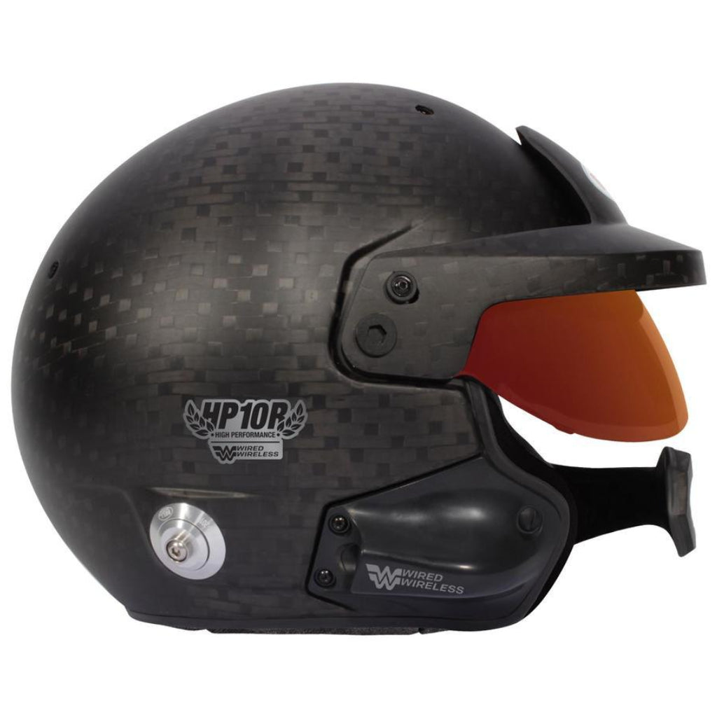 Bell HP10 Rally WW carbon helmet right side profile showing wired wireless control module image