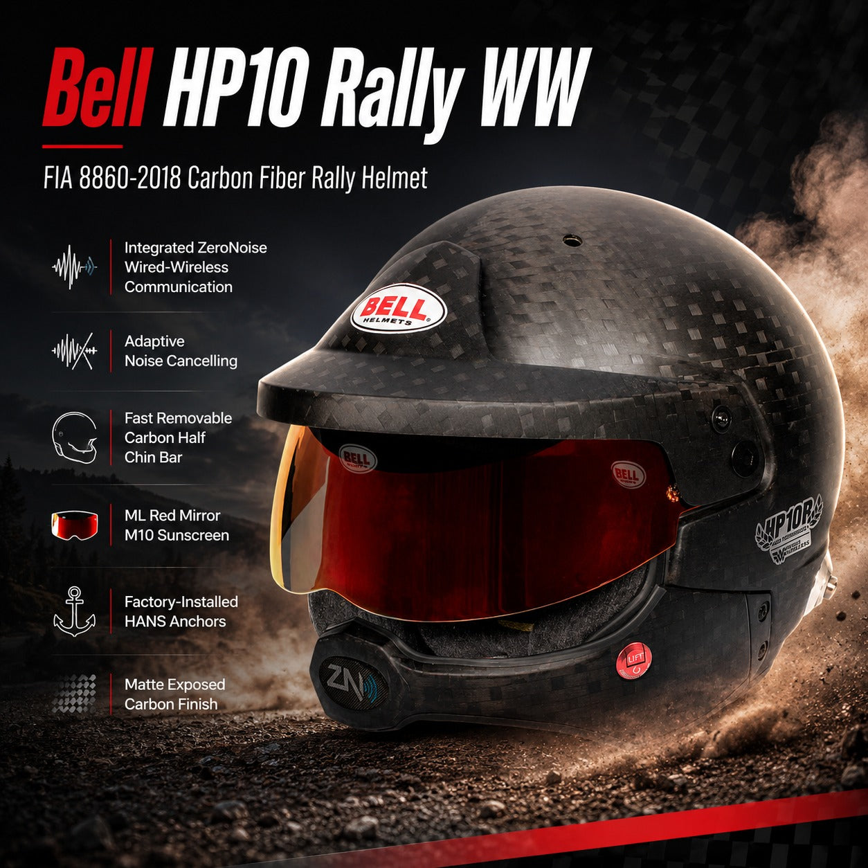Bell HP10 Rally WW FIA 8860-2018 carbon fiber rally helmet with integrated ZeroNoise wired-wireless communication system