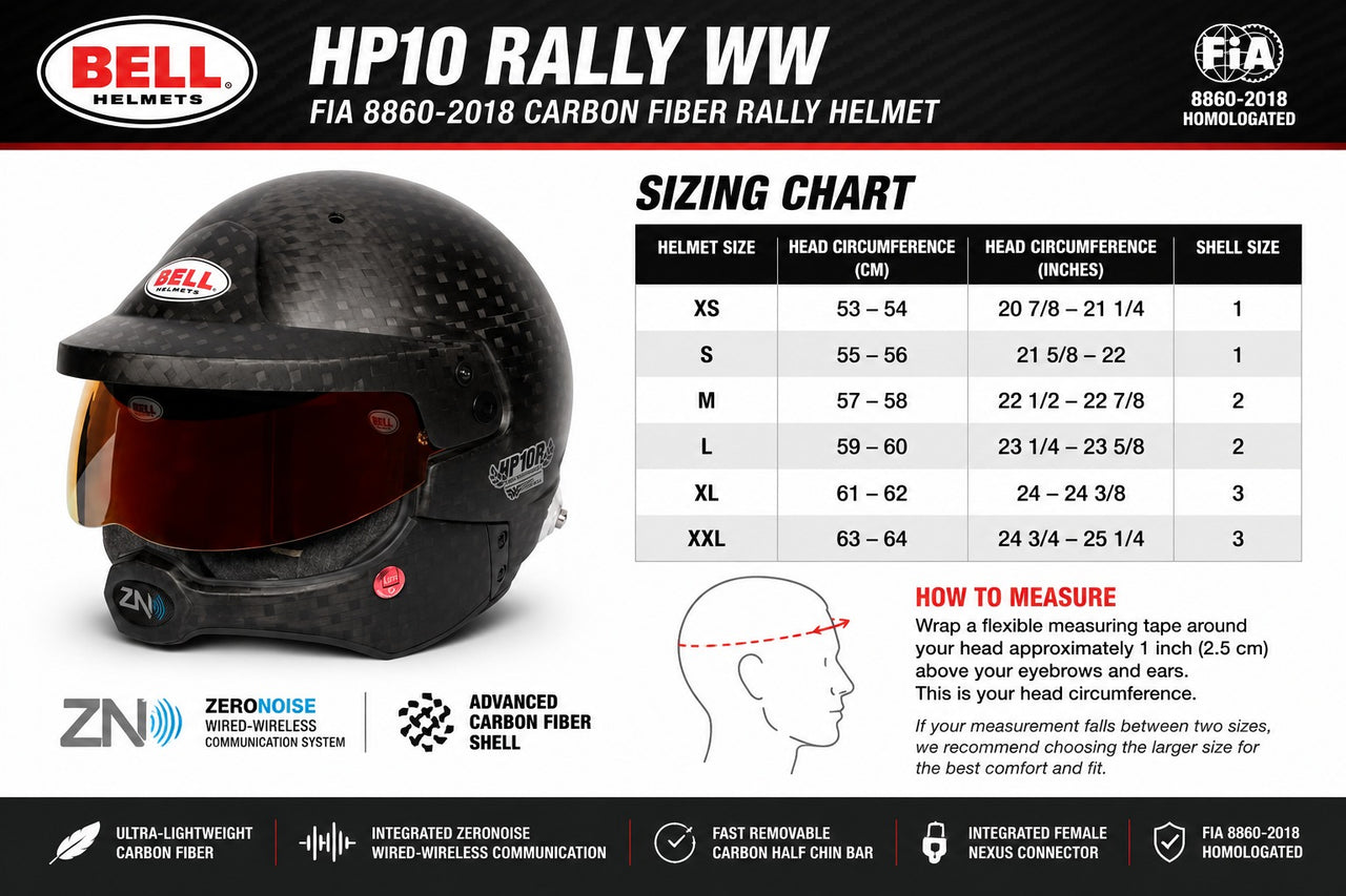 Bell HP10 Rally WW carbon fiber rally helmet sizing chart with head circumference measurements in centimeters and inches