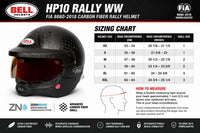 Thumbnail for Bell HP10 Rally WW carbon fiber rally helmet sizing chart with head circumference measurements in centimeters and inches