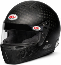 Thumbnail for A black carbon fiber full-face racing helmet with a clear visor, featuring the Bell Helmets logo on the forehead and side, and a JGP badge on the cheek.