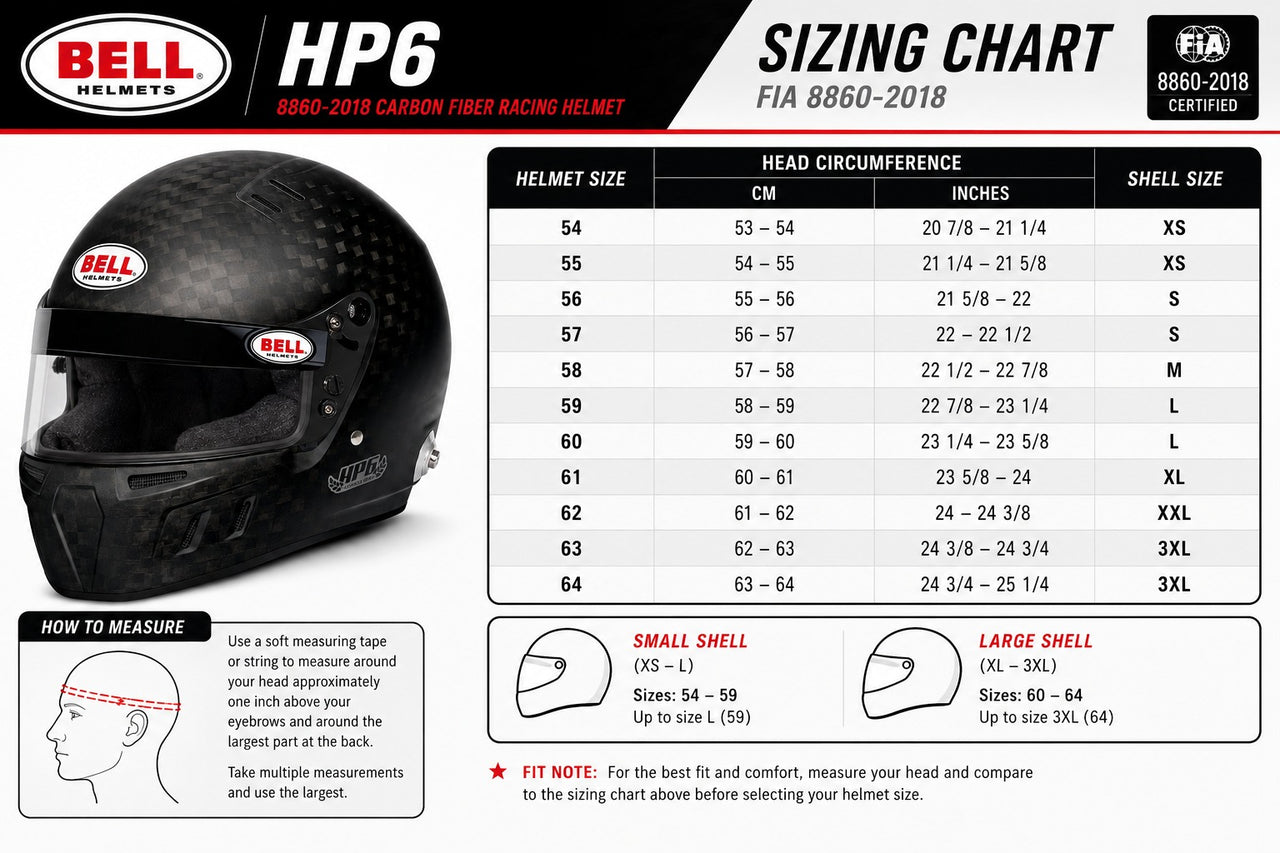Bell HP6 Sizing Chart graphic showing helmet size measurements from 54 to 3XL in centimeters and inches, with a helmet illustration, measurement guide, and fit note.