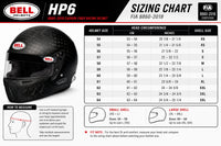 Thumbnail for Bell HP6 Sizing Chart graphic showing helmet size measurements from 54 to 3XL in centimeters and inches, with a helmet illustration, measurement guide, and fit note.