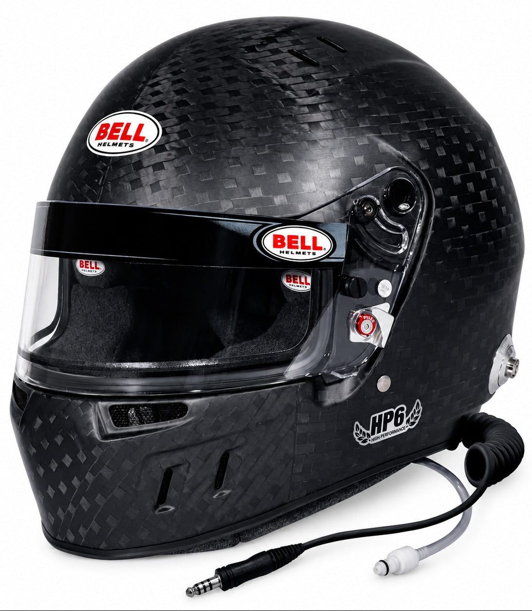 Bell HP6 EVO II carbon racing helmet with integrated radio connection, hydration tube, clear visor, and exposed carbon fiber shell
