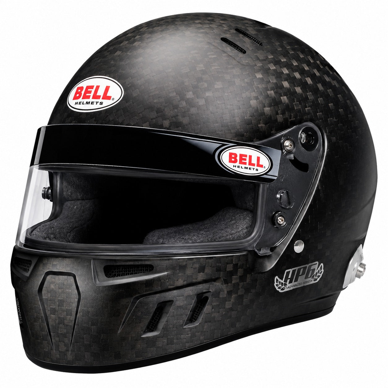Bell HP6 EVO-II FIA 8860-2018 carbon fiber racing helmet with clear shield, wide eye port, and factory-installed HANS anchors