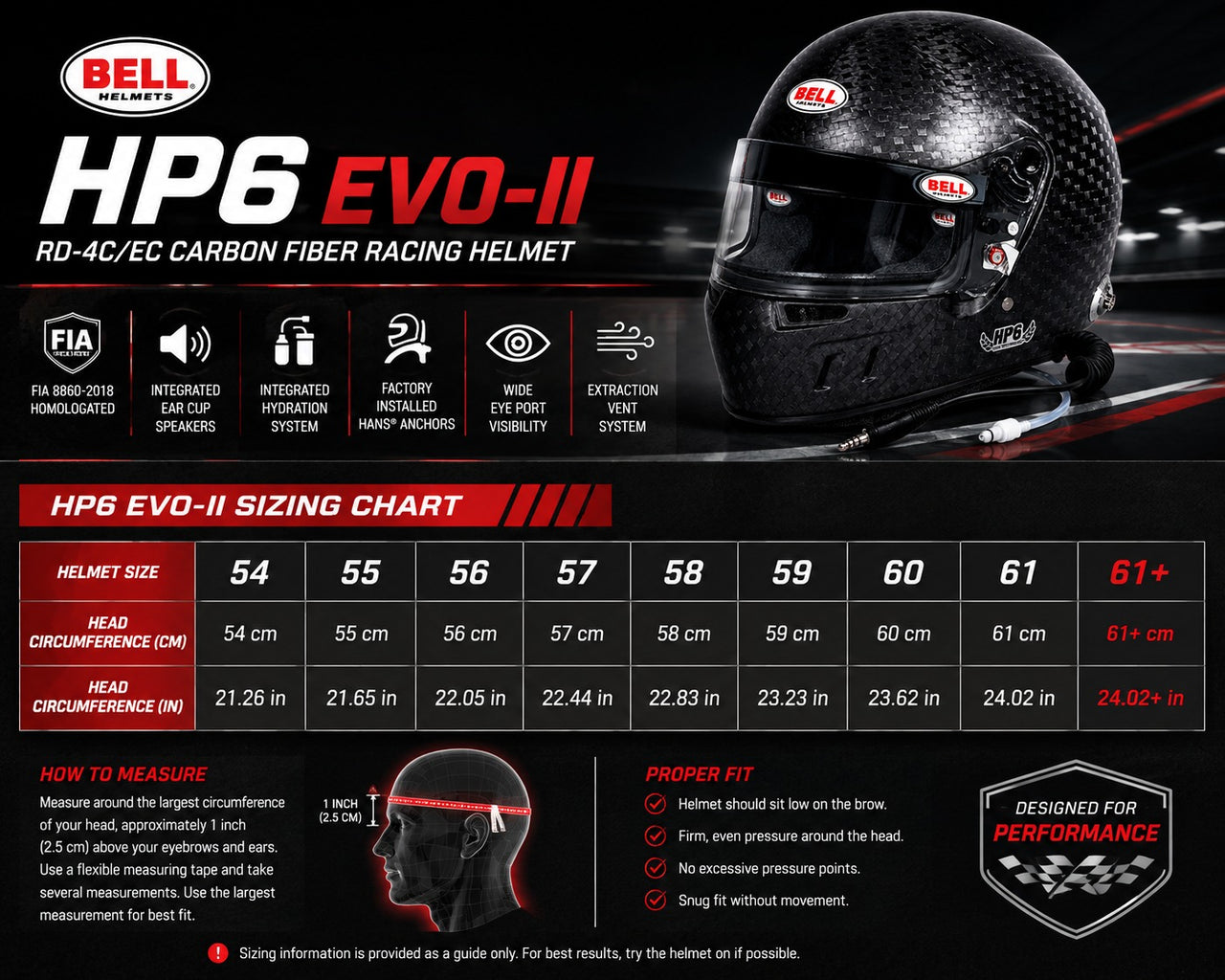 Bell HP6 EVO-II RD-4C/EC carbon fiber racing helmet sizing chart with head circumference measurements in centimeters and inches.