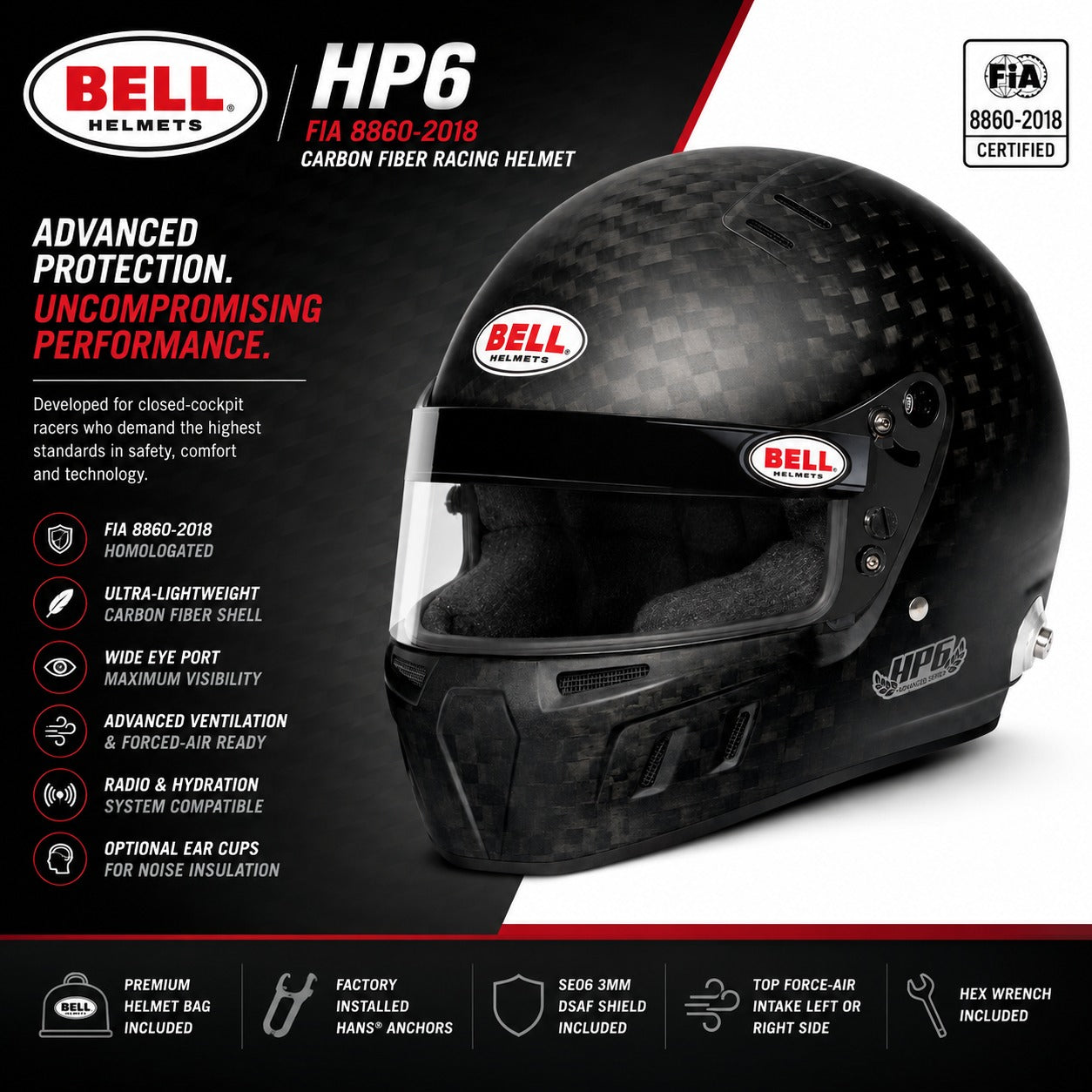 Bell HP6 FIA 8860-2018 carbon fiber racing helmet hero image highlighting lightweight construction, wide eyeport, ventilation, HANS anchors, and communication compatibility