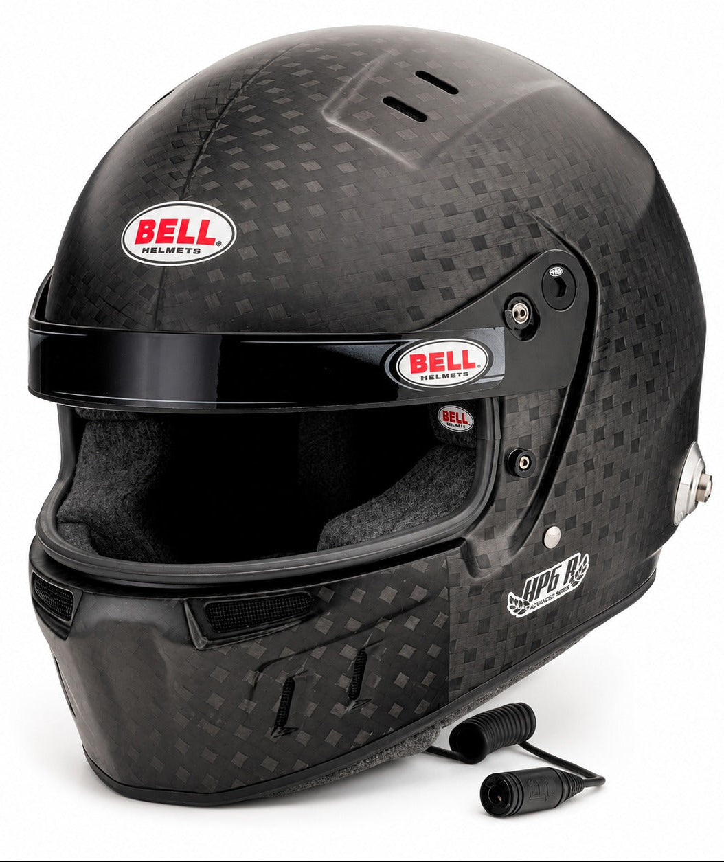 Bell HP6 Rally FIA 8860-2018 carbon fiber racing helmet with integrated communication connector, wide eyeport, and factory-installed HANS anchors