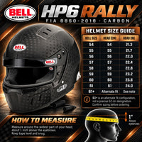 Thumbnail for Bell HP6 Rally FIA 8860-2018 Carbon Fiber Racing Helmet Size Chart Featuring Helmet Sizes 54–61 and 61+ Fit Option, Head Circumference in Centimeters and Inches, and Head Measuring Instructions.