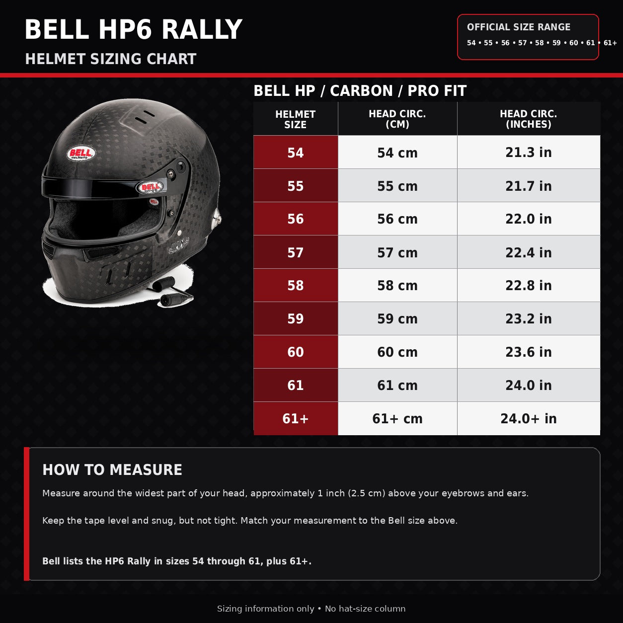 Bell HP6 Rally helmet sizing chart for sizes 54 through 61+ with head circumference measurements in centimeters and inches