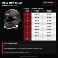 Thumbnail for Bell HP6 Rally helmet sizing chart for sizes 54 through 61+ with head circumference measurements in centimeters and inches
