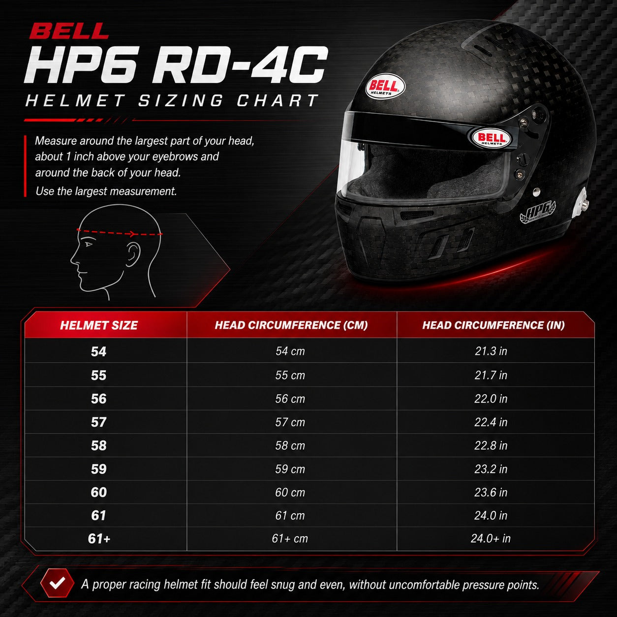 Bell HP6 RD-4C FIA 8860-2018 carbon fiber racing helmet sizing chart with head circumference measurements in centimeters and inches