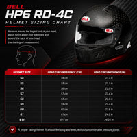 Thumbnail for Bell HP6 RD-4C FIA 8860-2018 carbon fiber racing helmet sizing chart with head circumference measurements in centimeters and inches