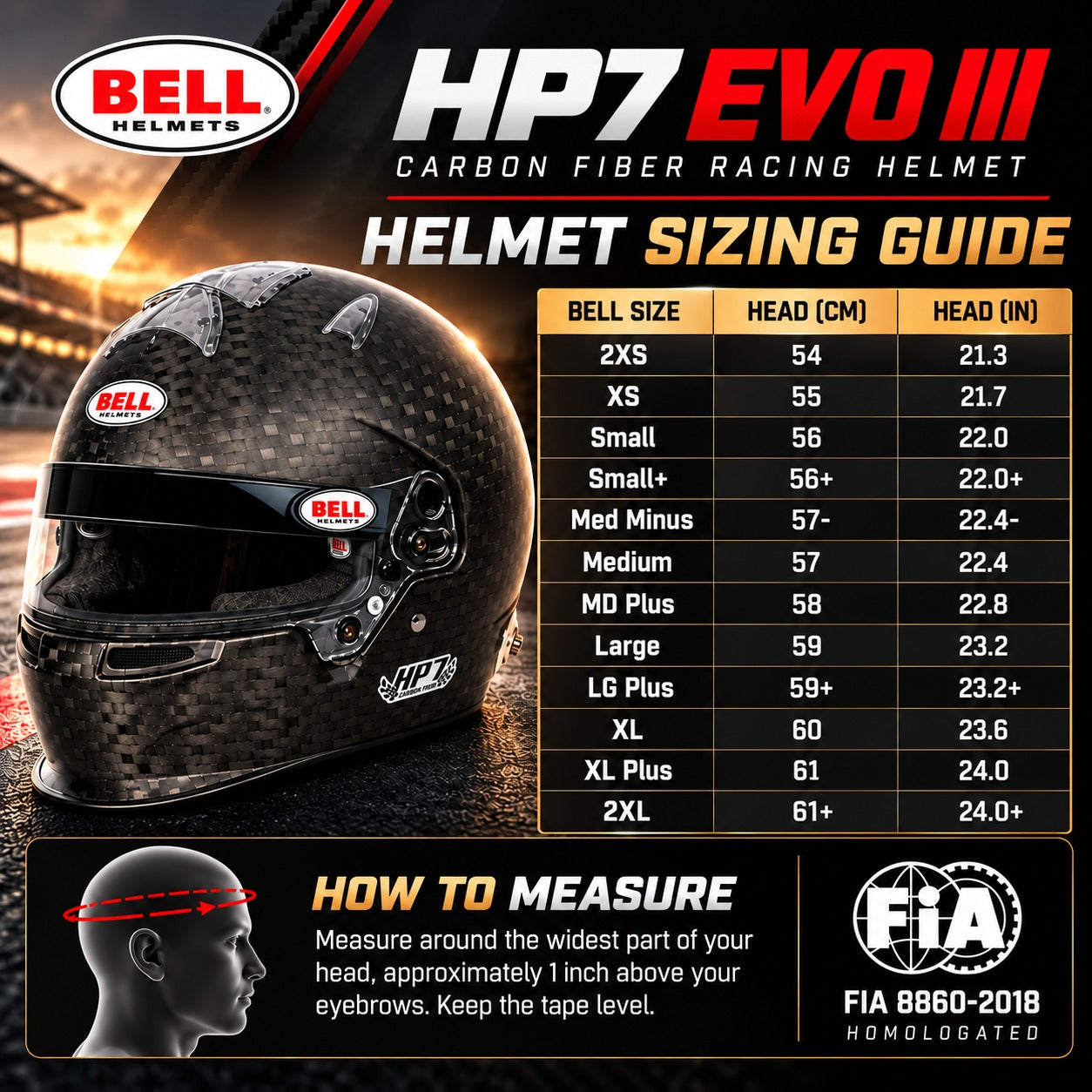 Bell HP7 EVO III Carbon Fiber Racing Helmet FIA 8860-2018 sizing chart showing helmet sizes 54 through 61+, head circumference in centimeters and inches, and instructions for measuring proper helmet fit.