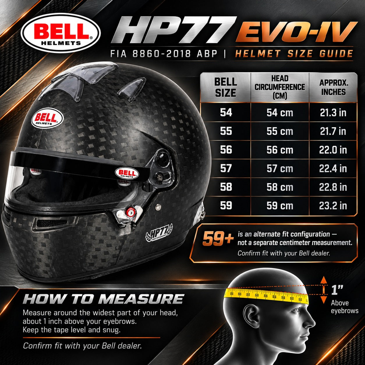 Bell HP77 EVO-IV FIA 8860-2018 ABP Carbon Fiber Racing Helmet Size Chart Featuring Helmet Sizes 54–59, Head Circumference in Centimeters and Inches, Plus-Fit Note, and Head Measuring Instructions.