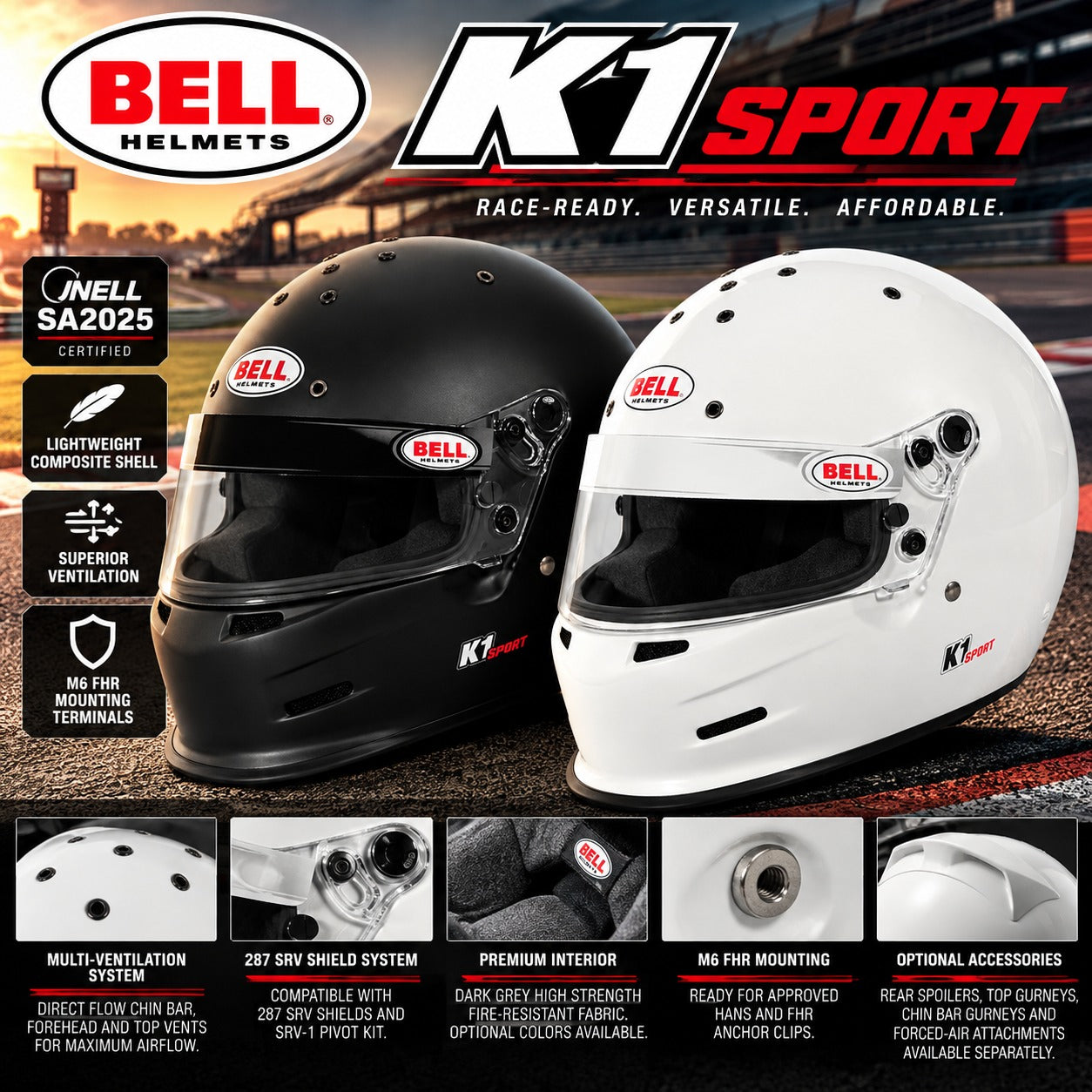 Bell K1 Sport SA2025 full-face racing helmets in Gloss White and Matte Black, featuring Snell SA2025 certification, lightweight composite shells, advanced ventilation, 287 SRV shield compatibility, fire-resistant interiors, M6 HANS mounting provisions, and optional aerodynamic accessories against a dramatic racetrack background.