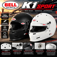 Thumbnail for Bell K1 Sport SA2025 full-face racing helmets in Gloss White and Matte Black, featuring Snell SA2025 certification, lightweight composite shells, advanced ventilation, 287 SRV shield compatibility, fire-resistant interiors, M6 HANS mounting provisions, and optional aerodynamic accessories against a dramatic racetrack background.