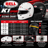 Thumbnail for Bell K1 Sport SA2025 racing helmet sizing chart featuring white and matte black helmets, six head circumference size ranges in centimeters and inches, measuring instructions, ventilation, 287 SRV shield system, and M6 FHR mounting provisions.