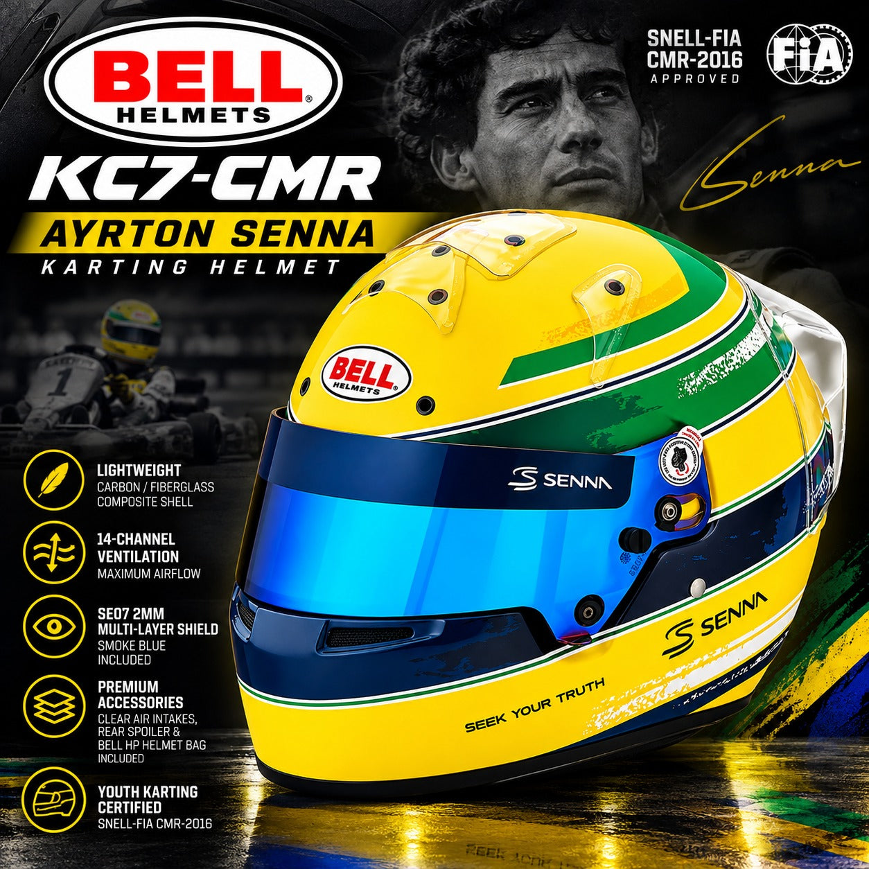 Bell KC7-CMR Ayrton Senna youth karting helmet hero image featuring yellow, green, and blue Senna graphics, blue multi-layer visor, lightweight composite shell, 14-channel ventilation, and Snell-FIA CMR2016 certification.