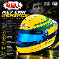 Thumbnail for Bell KC7-CMR Ayrton Senna youth karting helmet hero image featuring yellow, green, and blue Senna graphics, blue multi-layer visor, lightweight composite shell, 14-channel ventilation, and Snell-FIA CMR2016 certification.