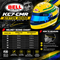 Thumbnail for Bell KC7-CMR Ayrton Senna youth karting helmet sizing chart showing sizes 54–59, nominal centimeter sizes, inch equivalents, and head measuring instructions.