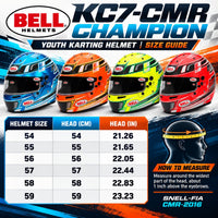 Thumbnail for Bell KC7-CMR Champion Youth Karting Helmet sizing chart featuring blue, orange, yellow, and red helmets, sizes 54–59 cm with inch conversions, head measurement instructions, and Snell-FIA CMR-2016 certification.