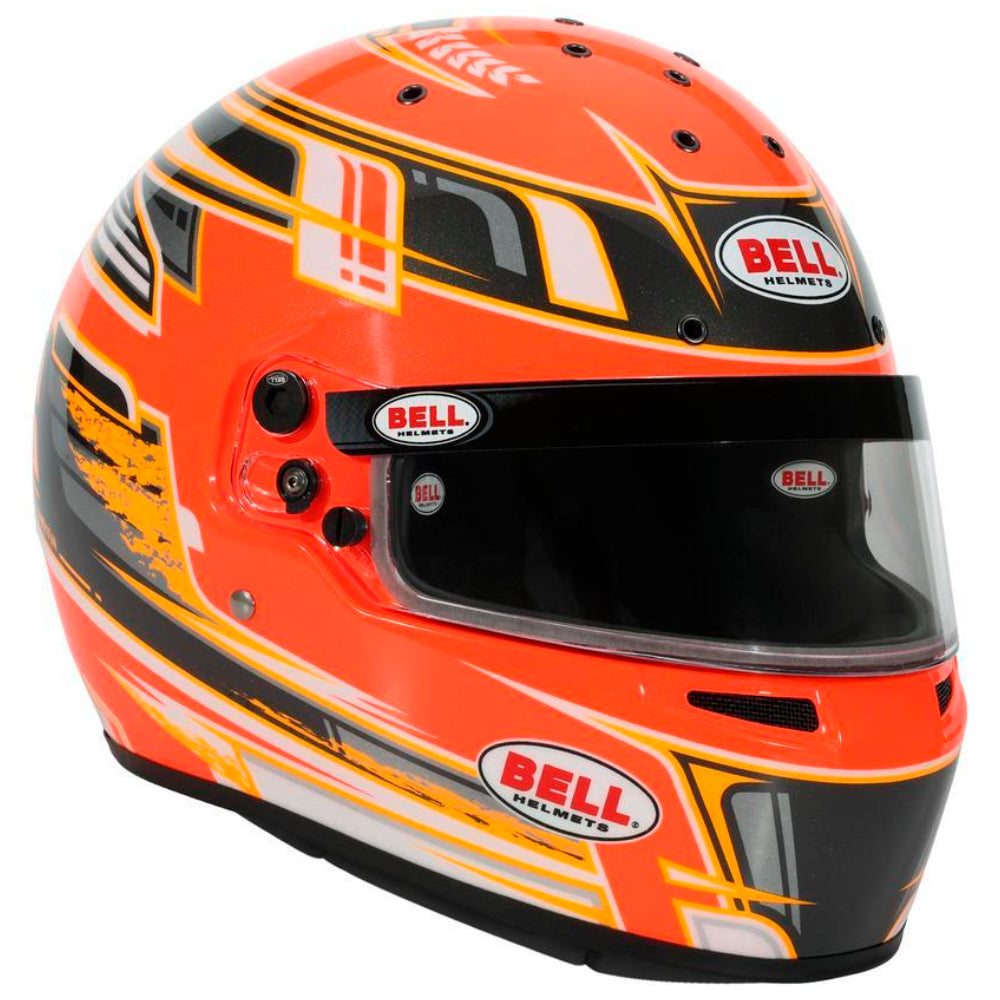 Bell KC7 CMR Champion Pro Series karting helmet orange right front angle with visor and chin vent detail
