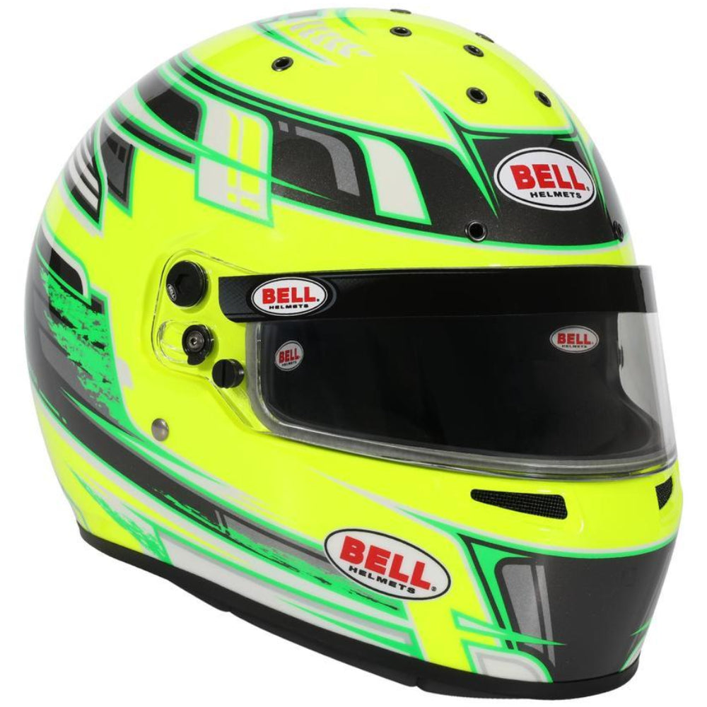 Bell KC7 CMR Champion Pro Series karting helmet yellow right front angle with visor and chin vent detail