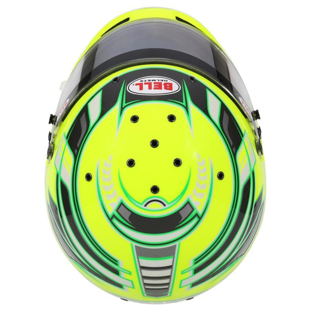 Bell KC7 CMR Champion Pro Series karting helmet top view showing airflow channels and graphic pattern layout