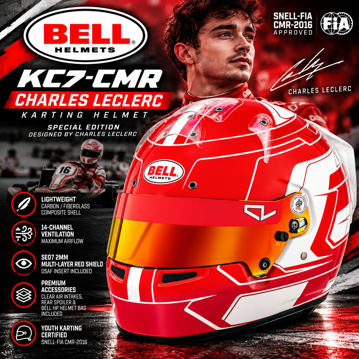 Bell KC7-CMR Charles Leclerc youth karting helmet hero image featuring red and white Formula 1-inspired graphics, red multi-layer visor, 14-channel ventilation, lightweight composite shell, and Snell-FIA CMR2016 certification.