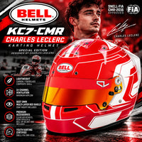 Thumbnail for Bell KC7-CMR Charles Leclerc youth karting helmet hero image featuring red and white Formula 1-inspired graphics, red multi-layer visor, 14-channel ventilation, lightweight composite shell, and Snell-FIA CMR2016 certification.