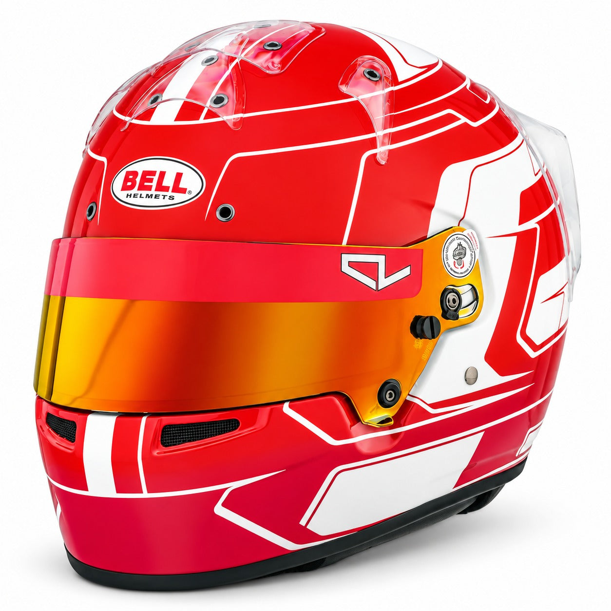 Bell KC7-CMR Charles Leclerc youth karting helmet featuring red and white graphics, red multi-layer visor, and lightweight racing design.
