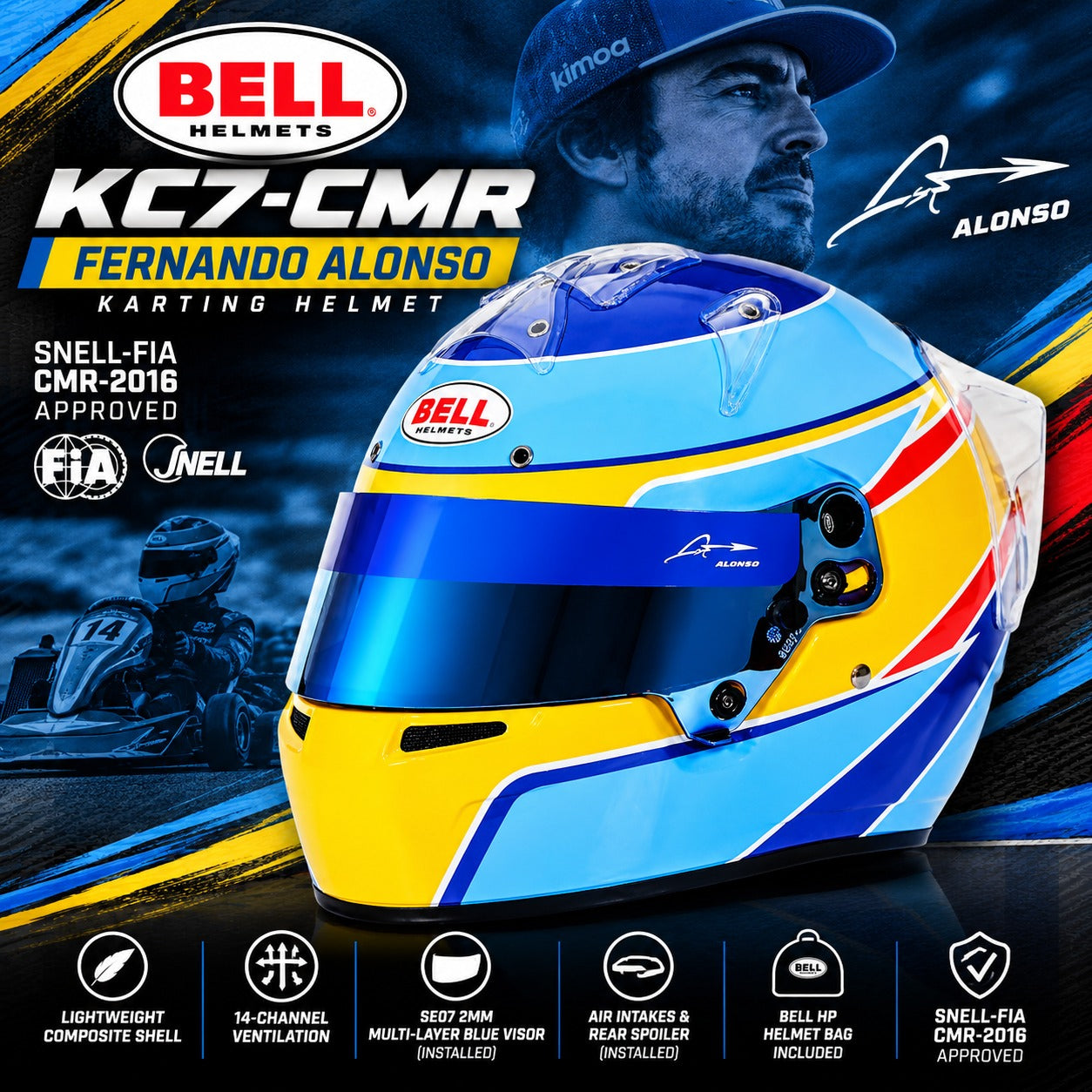 Bell KC7-CMR Fernando Alonso youth karting helmet hero image featuring blue and yellow F1-inspired graphics, blue multi-layer visor, lightweight composite shell, 14-channel ventilation, and Snell-FIA CMR2016 certification.