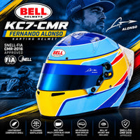 Thumbnail for Bell KC7-CMR Fernando Alonso youth karting helmet hero image featuring blue and yellow F1-inspired graphics, blue multi-layer visor, lightweight composite shell, 14-channel ventilation, and Snell-FIA CMR2016 certification.