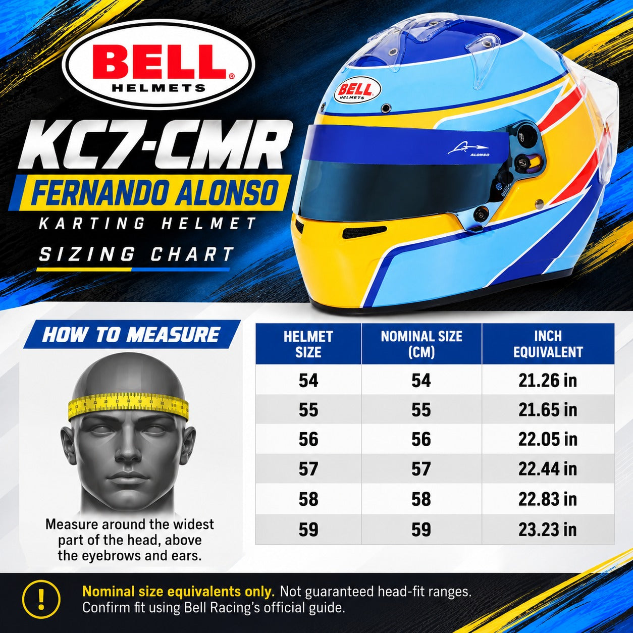Bell KC7-CMR Fernando Alonso youth karting helmet sizing chart showing sizes 54–59, nominal centimeter sizes, inch equivalents, and head measuring instructions.