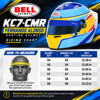 Thumbnail for Bell KC7-CMR Fernando Alonso youth karting helmet sizing chart showing sizes 54–59, nominal centimeter sizes, inch equivalents, and head measuring instructions.