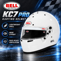 Thumbnail for Bell KC7-CMR Youth Karting Helmet in white with lightweight composite shell, wide eyeport, advanced ventilation, and blue motorsport-inspired hero graphics.