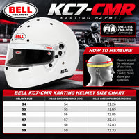 Thumbnail for Bell KC7-CMR Youth Karting Helmet sizing chart featuring helmet sizes 54–59, head circumference measurements in centimeters and inches, Snell-FIA CMR2016 certification, and instructions for measuring proper helmet fit.