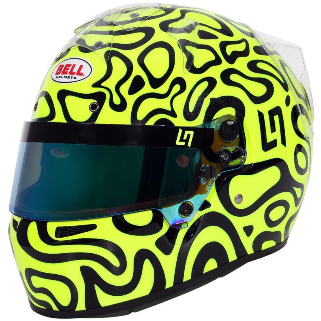Bell KC7 CMR Pro Lando Norris karting helmet with neon yellow swirl design shown from front angle image