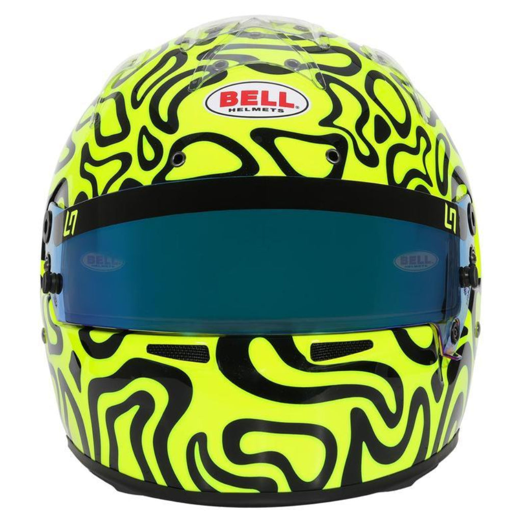 Front view of Bell KC7 CMR Pro Lando Norris karting helmet featuring high visibility yellow and black graphics image